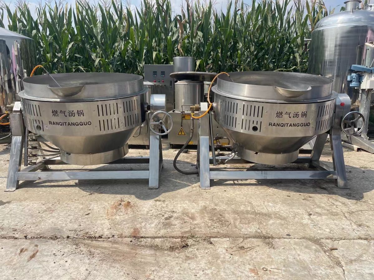 转让二手燃气夹层锅 两台容积400L燃气加热倾斜夹-2